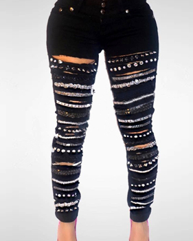 Stylish High Waist Sequined Decorative Black Denim Jeans