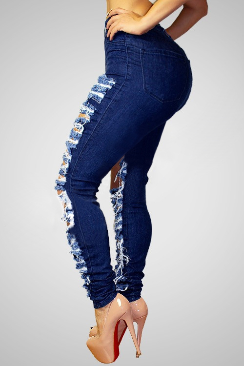 Stylish High-Waisted Hollow-out Design Blue Denim Jeans