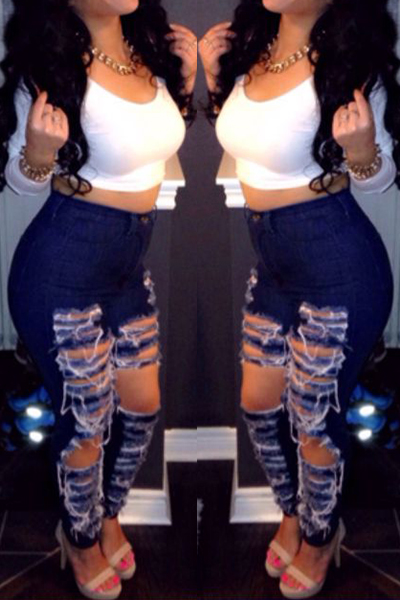 Stylish High-Waisted Hollow-out Design Blue Denim Jeans