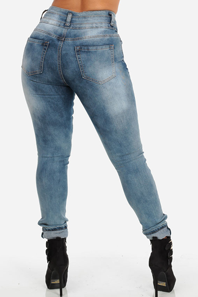 Stylish Mid Waist Broken Holes Blue Denim Skinny Jeans