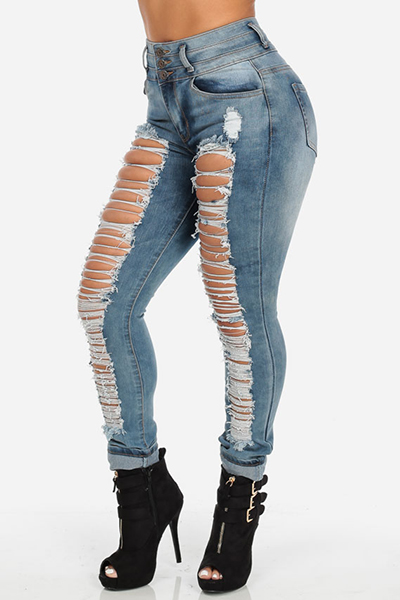 Stylish Mid Waist Broken Holes Blue Denim Skinny Jeans