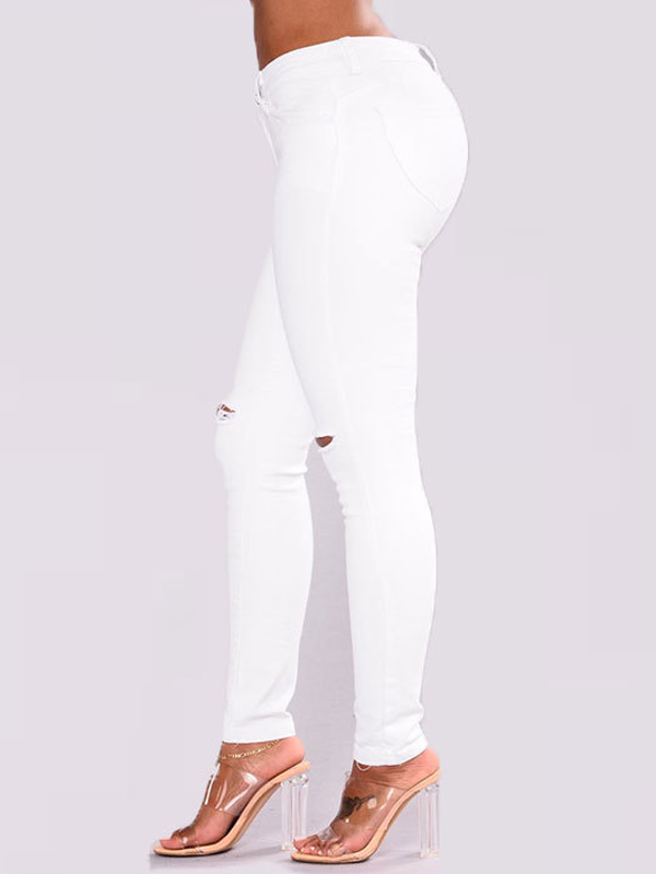Stylish Mid Waist Broken Holes White Denim Pants