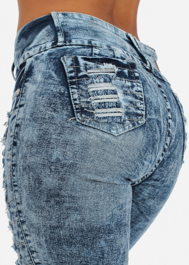 Stylish Mid Waist Hollow-out Design Blue Denim Skinny Jeans