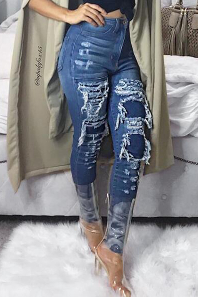 Trendy High Waist Broken Holes Blue Cotton Pants