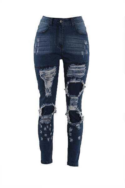 Trendy High Waist Broken Holes Blue Cotton Pants