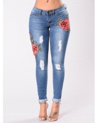 Trendy High Waist Broken Holes Blue Denim Pants