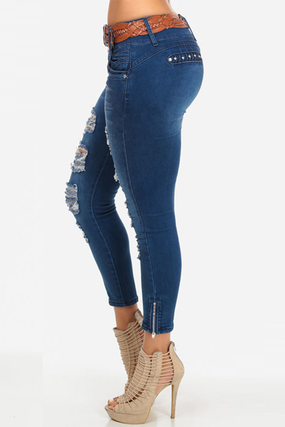 Trendy High Waist Broken Holes Blue Denim Skinny Jeans (Without Belt)