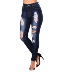 Trendy High Waist Broken Holes Dark Blue Denim Pants