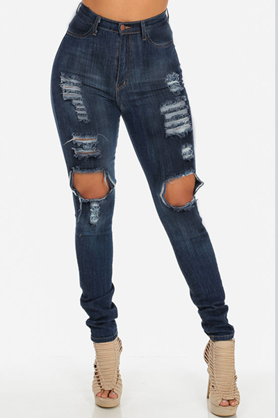 Trendy High Waist  Knee Broken Holes Blue Denim Skinny Jeans