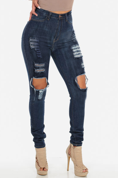 Trendy High Waist  Knee Broken Holes Blue Denim Skinny Jeans