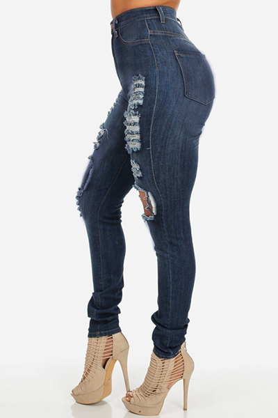 Trendy High Waist  Knee Broken Holes Blue Denim Skinny Jeans