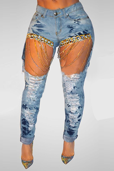Trendy High Waist Tassel Hollow-out Light Blue Cotton Jeans