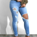 Trendy Mid Waist Broken Holes Blue Denim Pants Trendy Mid Waist Broken Holes Blue Denim Pants
