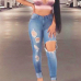 Trendy Mid Waist Broken Holes Blue Denim Pants Trendy Mid Waist Broken Holes Blue Denim Pants