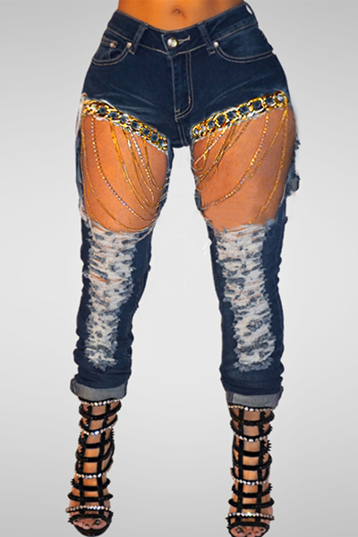 Trendy Mid Waist Broken Holes Metal Chain Decorative Cotton Pants