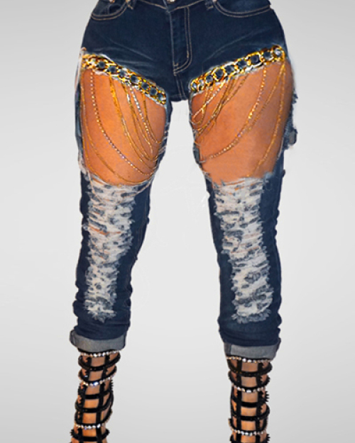 Trendy Mid Waist Broken Holes Metal Chain Decorative Cotton Pants Trendy Mid Waist Broken Holes Metal Chain Decorative Cotton Pants