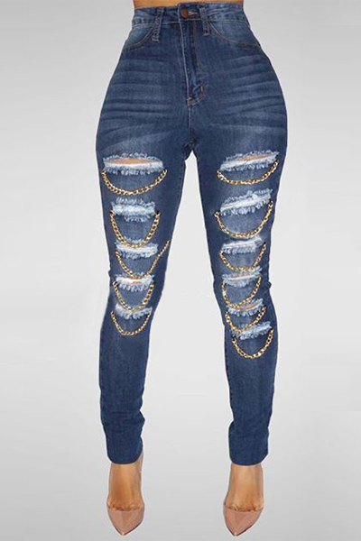 Trendy Mid Waist Broken Holes Metal Decoration Blue Denim Skinny Jeans