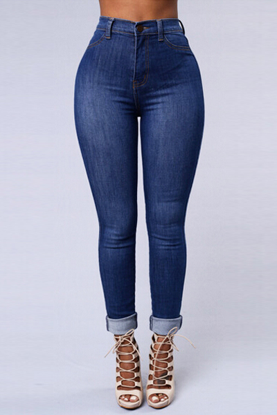Trendy Mid Waist Button Fly Blue Denim Skinny Jeans