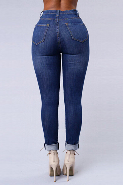 Trendy Mid Waist Button Fly Blue Denim Skinny Jeans