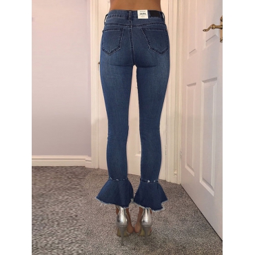 denim Solid Zipper Fly Mid Regular Pants Jeans