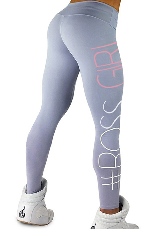  Euramerican High Waist Letters Design Light Grey Cotton Blends Leggings