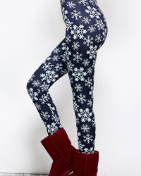  Euramerican High Waist Snowflakes Printing Navy Blue Polyester Leggings