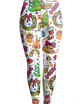  Euramerican Mid Waist Christmas Printed White Polyester Leggings