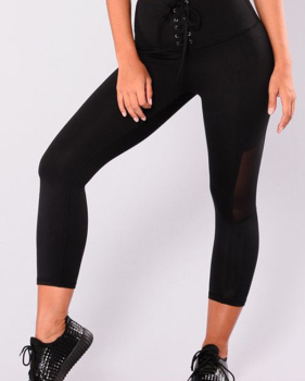  Fashion Mid Waist Lace-up Net Yarn Splicing Black Polyester Leggings