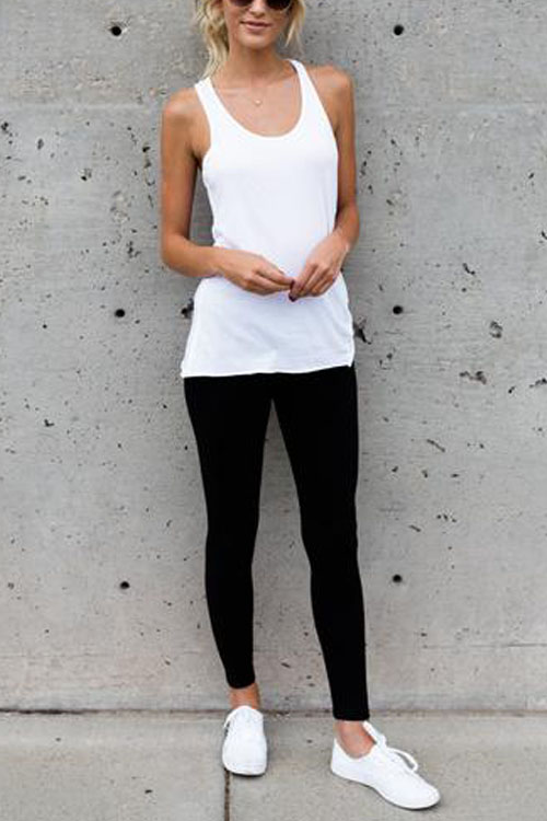  Leisure Elastic Waist Black Cotton Blends Leggings