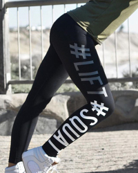  Leisure Elastic Waist Letters Printed Black Polyester Leggings
