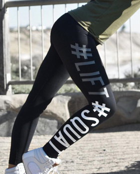  Leisure Elastic Waist Letters Printed Black Polyester Leggings