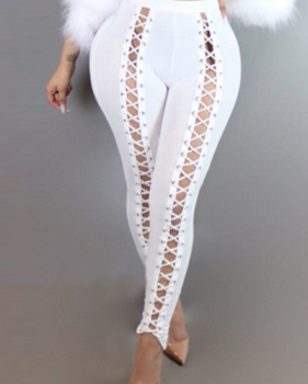 Sexy High Waist Hollow-out White Polyester Leggings