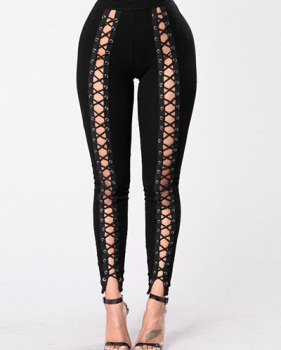 Stylish High Waist Hollow-out Black Polyester Leggings