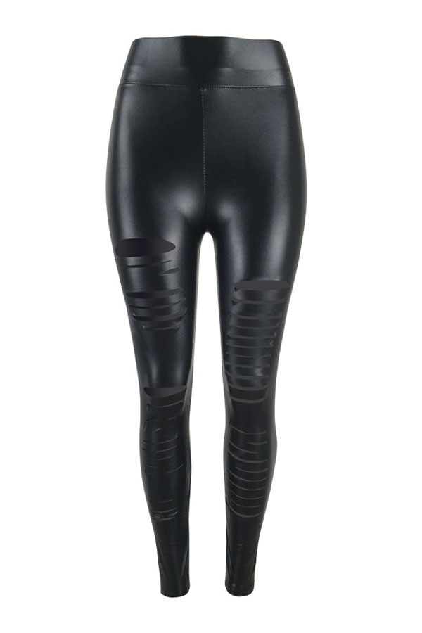  Euramerican High Elastic Waist Burnt-out Design Black Leather Pants
