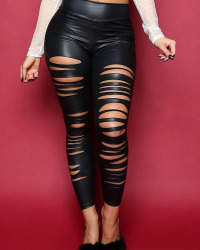 Euramerican High Elastic Waist Burnt-out Design Black Leather Pants Euramerican High Elastic Waist Burnt-out Design Black Leather Pants