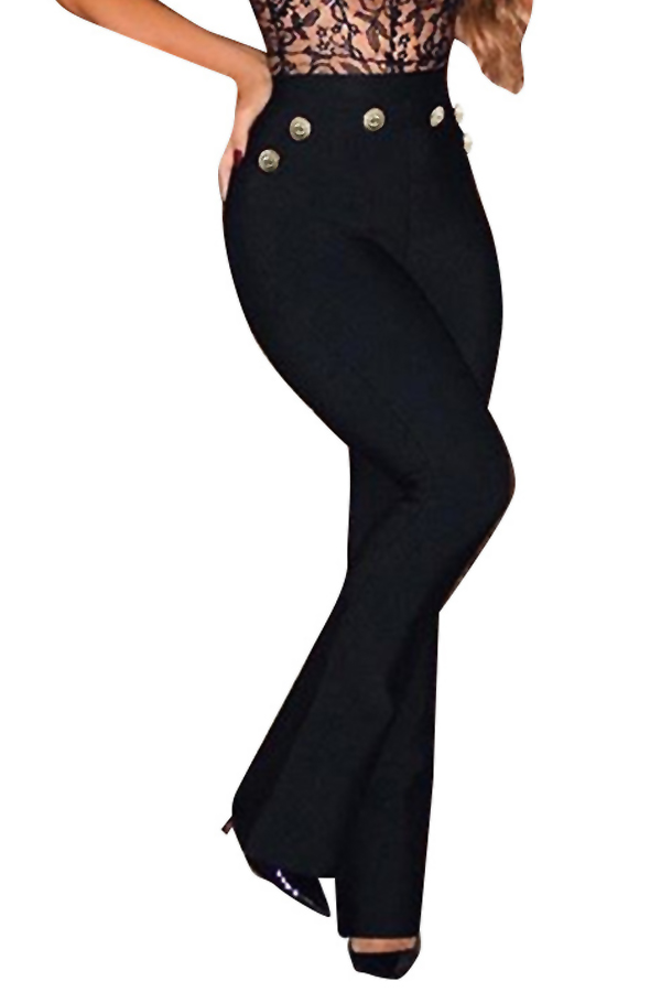  Euramerican High Waist Button Decorative Black Polyester Pants