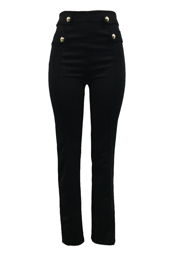  Euramerican High Waist Button Decorative Black Polyester Pants