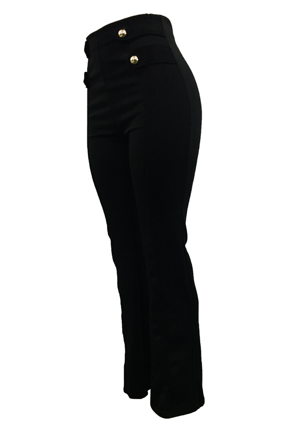  Euramerican High Waist Button Decorative Black Polyester Pants