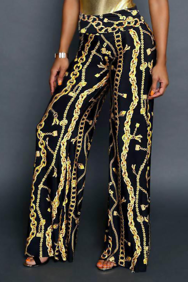 Euramerican High Waist Chains Printed Black Polyester Pants
