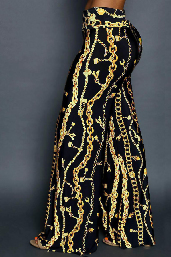  Euramerican High Waist Chains Printed Black Polyester Pants