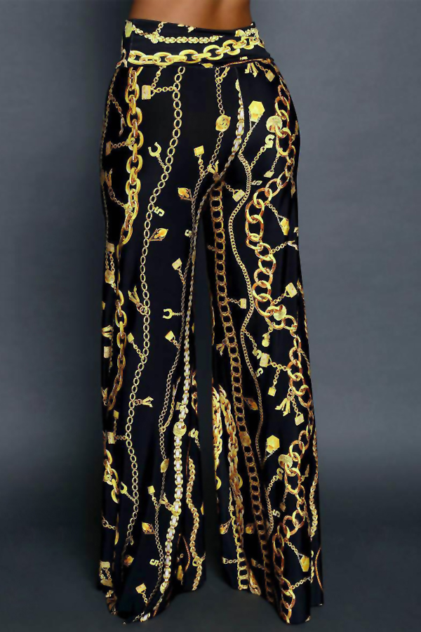  Euramerican High Waist Chains Printed Black Polyester Pants