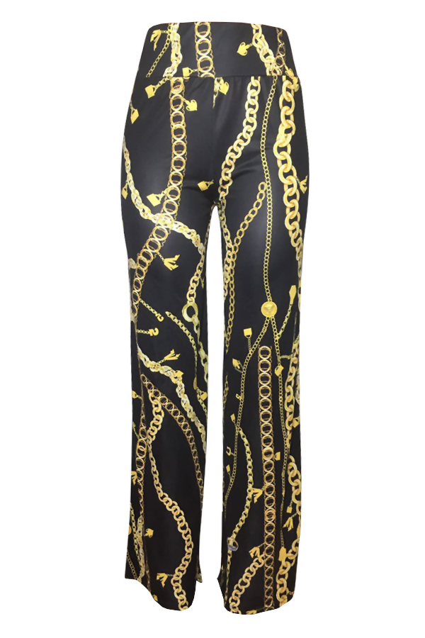  Euramerican High Waist Chains Printed Black Polyester Pants