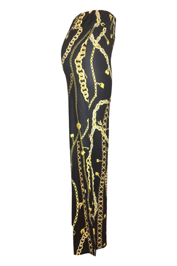  Euramerican High Waist Chains Printed Black Polyester Pants