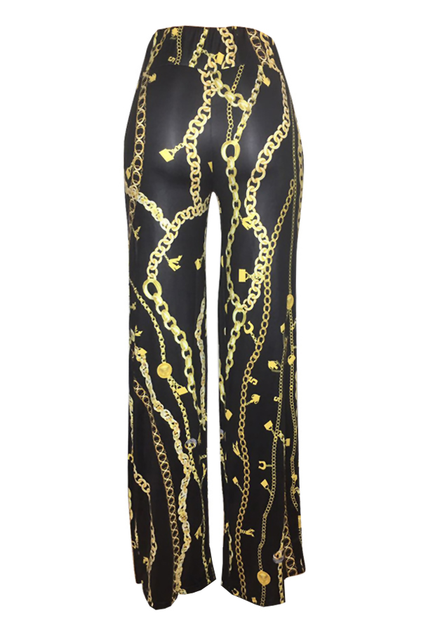  Euramerican High Waist Chains Printed Black Polyester Pants