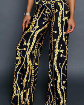  Euramerican High Waist Chains Printed Black Polyester Pants