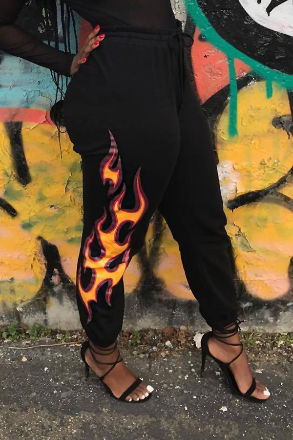  Euramerican High Waist Offset Printing Design Black Twilled Satin Pants