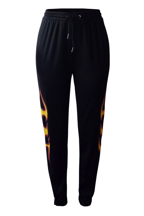  Euramerican High Waist Offset Printing Design Black Twilled Satin Pants