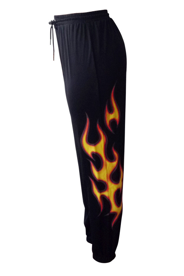  Euramerican High Waist Offset Printing Design Black Twilled Satin Pants