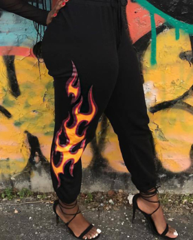  Euramerican High Waist Offset Printing Design Black Twilled Satin Pants