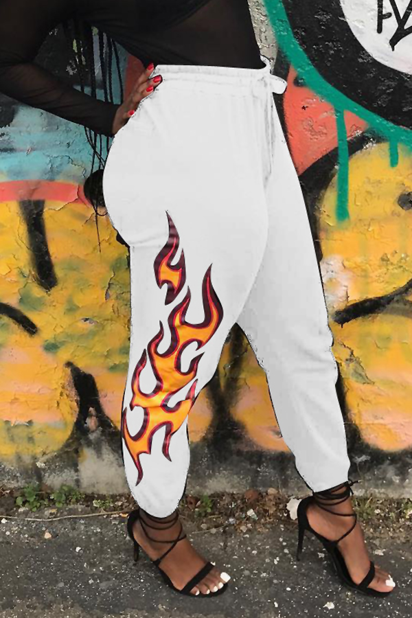  Euramerican High Waist Offset Printing Design White Twilled Satin Pants
